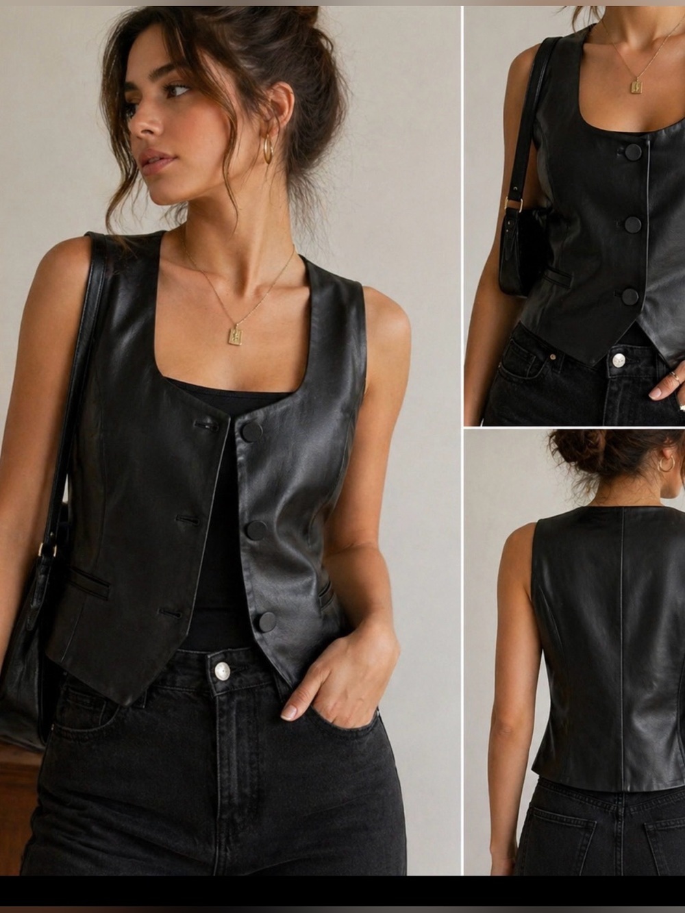 Zara Faux Leather Vest Black Sleeveless Button Front Top Size S